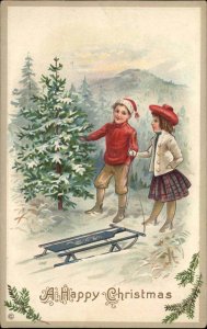 Christmas Stecher Ser 342 C Cute Kids Sledding c1910 Vintage Postcard