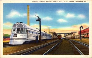 Linen Postcard Denver Zephyr and C.B. & Q. Railroad Station Galesburg, Illinois