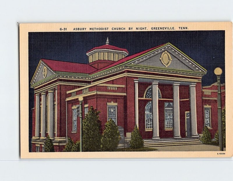 Postcard Asbury Methodist Church By Night, Greeneville, Tennessee