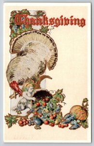Thanksgiving~White Turkey~Child~Cornucopia Of Fruit~Gold~Emboss~1907 UDB PC