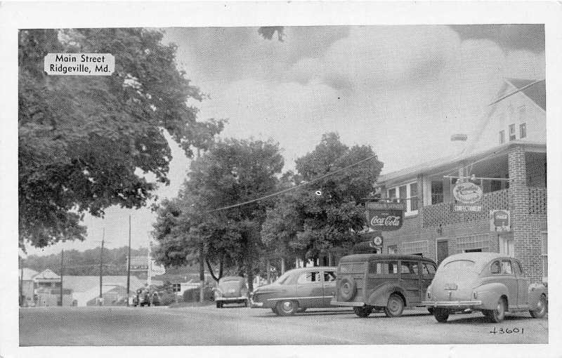 F52/ Ridgeville Maryland Postcard c1940s Main Street Stores Cars
