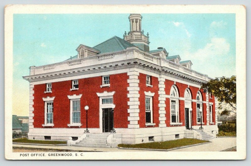 Greenwood South Carolina~Red Brick US Post Office~Cupola~1920s Postcard 