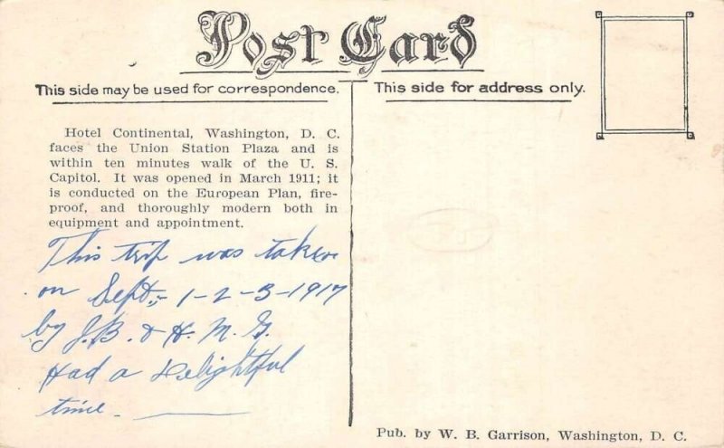 Washington DC Hotel Continental Vintage Postcard AA109497