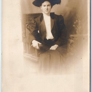 c1910s Lovely Young Lady Portrait RPPC Feather Hat Wood Throne Real Photo A261