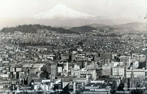 RPPC MT HOOD FROM PORTLAND OREGON REAL EKKP PHOTO B&W POSTCARD BIRDS EYE VIEW