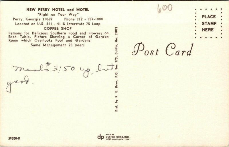 Vtg Perry Hotel Motel Coffee Shop Garden Room US 341 Perry Georgia GA Postcard