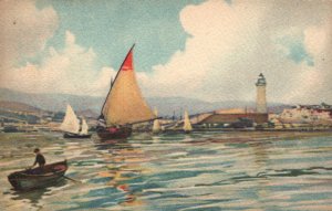 Vintage Postcard 1930's Trieste La Lanterna Sailboats Ocean Boats Adventure