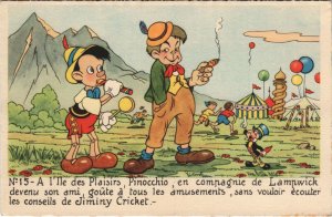 PC DISNEY, PINOCCHIO AND JIMINY CRICKET, LAMPWICK, Vintage Postcard (b43740) 