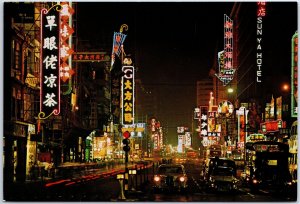 VINTAGE CONTINENTAL SIZE POSTCARD 1960s NIGHT STREET SCENE NATHAN ROAD HONG KONG