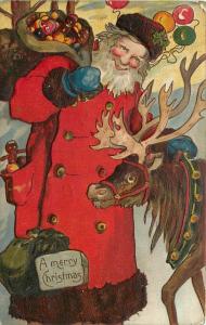 Chromolithograph Embossed Christmas PC H3023 Santa Claus Reindeer Bag of Sweets