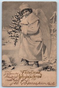 1904 Christmas Angel With Pine Tree Winter Scene Embossed Burlington IA Postcard