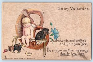 1907 Valentine Dachshund Dog Pretzel Cupid Angel Raphael Tucks Antique Postcard