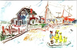 2~Postcards MA, Nantucket  PACIFIC CLUB & OLD SOUTH WHARF Artist Alfred Bendiner