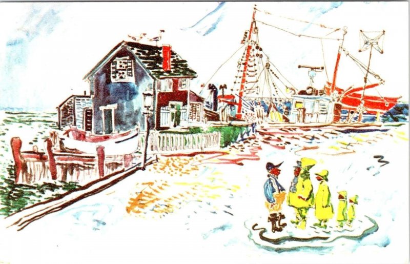 2~Postcards MA, Nantucket  PACIFIC CLUB & OLD SOUTH WHARF Artist Alfred Bendiner