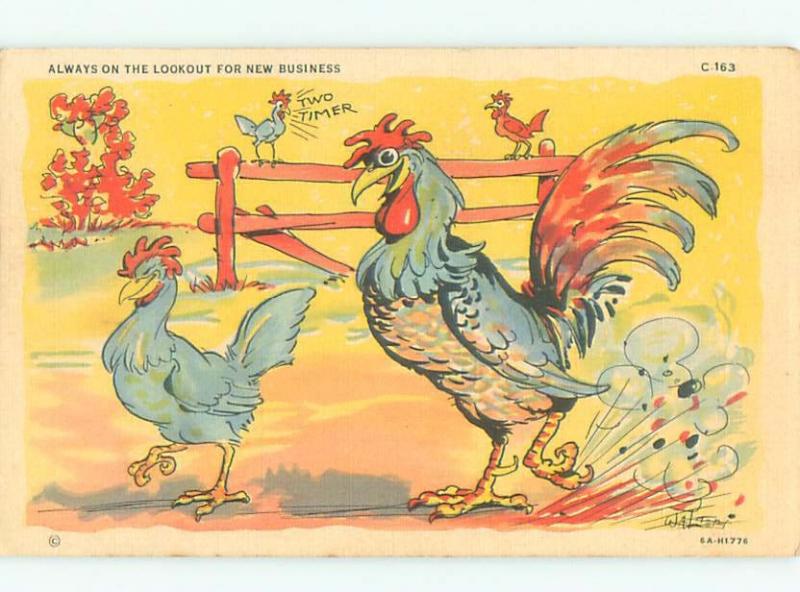 Linen Comic signed ROOSTER CHASING AFTER CHICKEN HEN AC0115