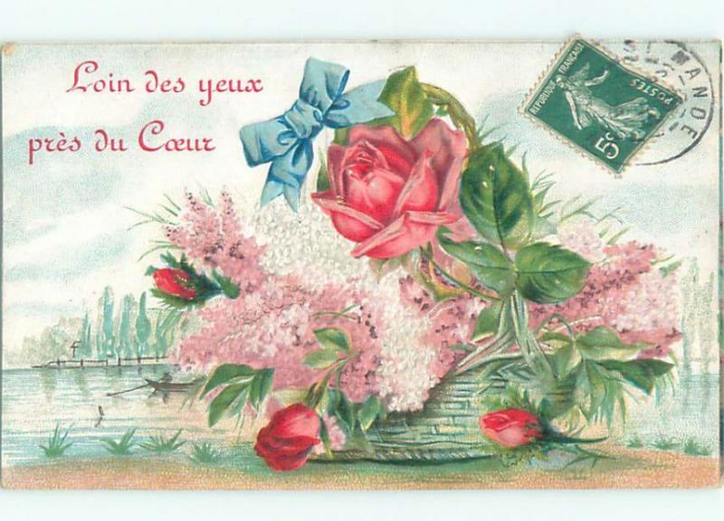 foreign c1910 Postcard ROSE AND OTHER FLOWERS IN GREEN WICKER BASKET AC3603