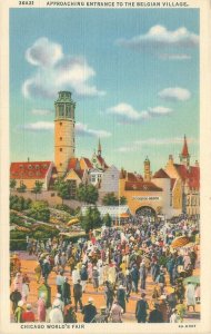 1933 Chicago Expo Crowd Approaching Belgian Village  Linen Postcard