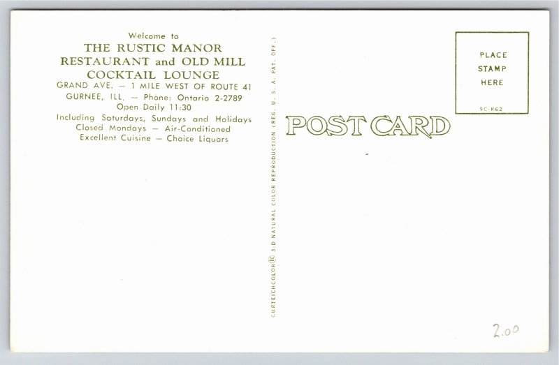 Gurnee Illinois~The Rustic Manor Restaurant & Old Mill Cocktail Lounge~Postcard