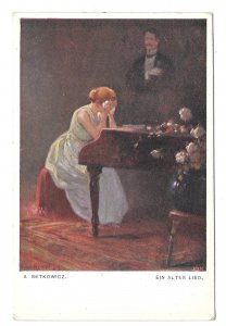 Ein Altes Lied Old Song Woman Weeps on Piano Setkowicz Artist Pocztowka Postcard