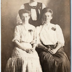 c1910s 3 Women Edwardian Hair RPPC Spectacles Unhappy Faces Real Photo A140