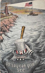 Patriotic Greetings Uncle Sam with Telescope Lighthouse Navy Ship PC AA43482 