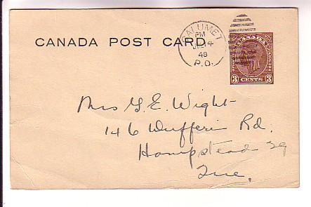 George VI 3C PO Stationery Canada Postcard P77b, Child's Message on Back