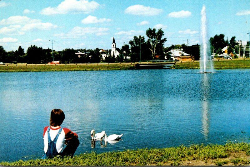 Canada Alberta Camrose Rotary Park Showing Fountain In Mirror Lake