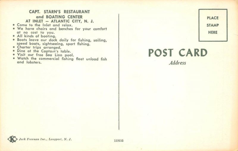 CAPTAIN STARN'S RESTAURANT Atlantic City, New Jersey 1960s Vintage Postcard