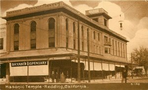 c1910 Postcard; Masonic Temple & Bryant's Dispensary Redding CA Shasta County