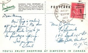 Vintage Postcard 1952 View Simpson's China Department Chinaware Figurines Store