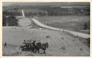 Pennsylvania Farming~Horses Pull Combine Uphill~Farmer & Kids~1940s B&W Postcard