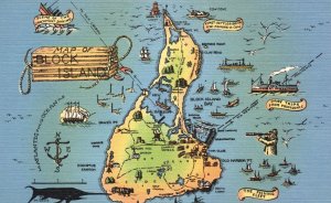 Vintage Postcard Map of Block Island Bay Fishing Fleet Ocean Shore Rhode Island