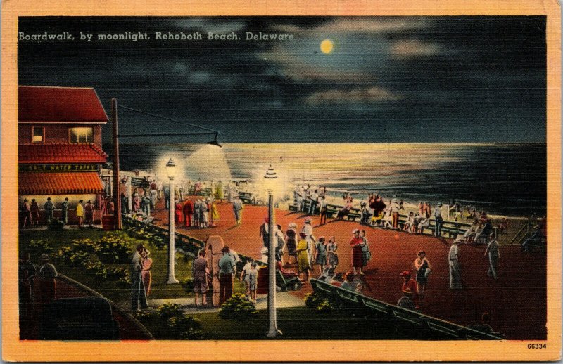 Vtg 1940s Boardwalk by Moonlight Night View Rehoboth Beach Delaware DE Postcard