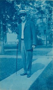 Cyanotype RPPC Postcard Man, Jay Smith w/ Walking Stick & Straw Hat, Unknown US