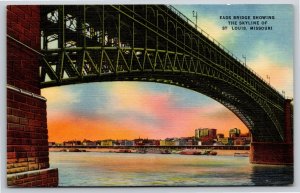 St Louis Missouri~Eads Bridge & Skyline Scene~Vintage Linen Postcard