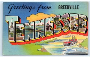 Large Letter Linen GREENVILLE, TN ~  c1940s  Greene County Asheville Postcard
