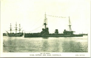 H.M.S. Victory & Australia naval ships, Southsea Singer Sewing Machines postcard