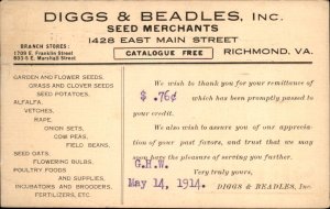 Richmond Virginia Diggs Beadles Seed Merchants Advertising Vintage Postcard
