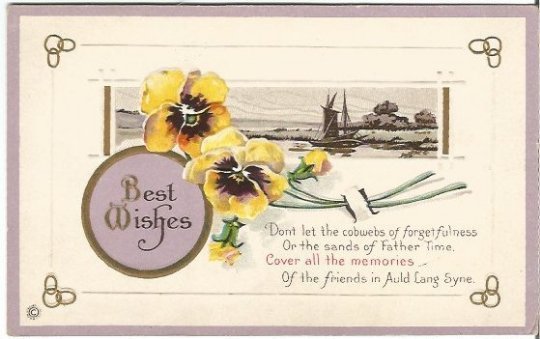 Yellow Pansy Flowers Sailboat Scene Best Wishes Father Time Vintage Postcard