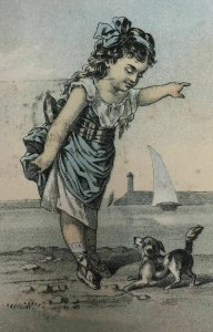 Cosack & Clark Victorian Trade Card Girl Beach Dog Sailboat Blank no Advertising