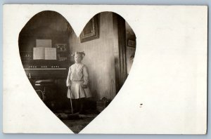 1914 Child Girl With Vacuum Organ House Interior RPPC Photo Antique Postcard