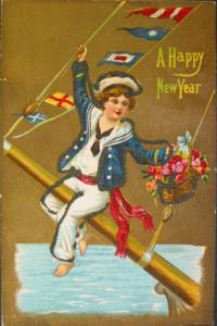 NEW YEAR Sailor Boy on Ship Flags of Many Nations c1910