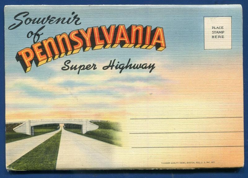 Pennsylvania pa Super Highway 1940s souvenir old postcard folder foldout