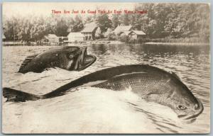 EXAGGERATED FISHING 1919 ANTIQUE POSTCARD JUST AS GOOD FISH AS EVER WERE CAUGHT