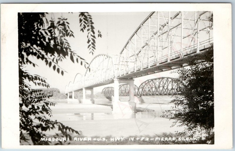 c1950s Pierre, SD RPPC US Hwy. 14 & 83 Bridges Missouri River Real Photo PC A199