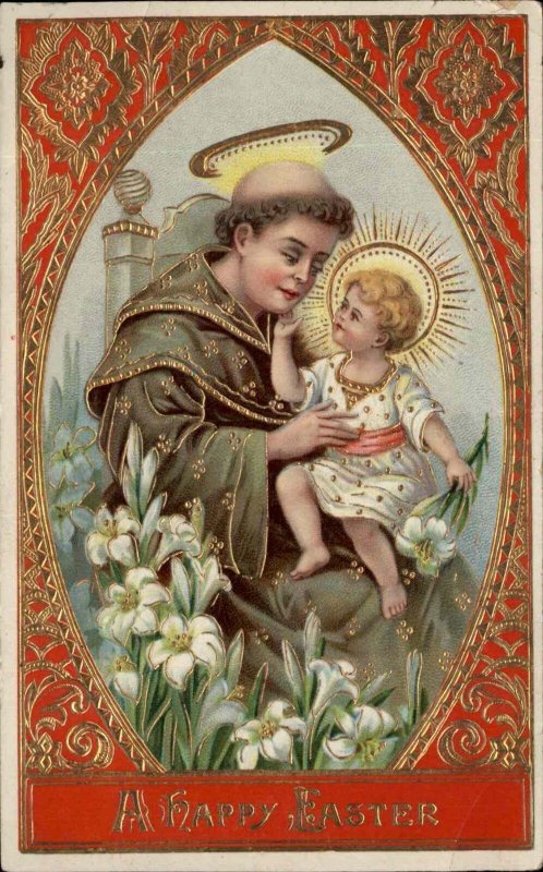 Easter Baby Jesus with Monk Angel Halo Gilt Inlay c1910 Gel Postcard