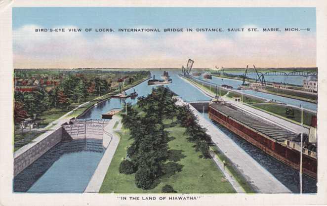 The Locks at Sault Ste Marie MI, Michigan - In the Land of Hiawatha - Linen
