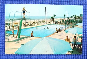 Vtg c1960's Ocean Plaza Hotel People in Swimming Pool Myrtle Beach SC Postcard