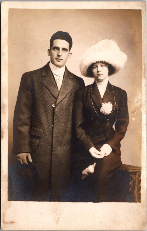 Real Photo Couple Posing Woman Wearing Large Hat Phillips Studio Atlantic City