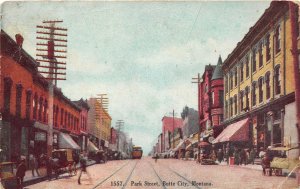 F48/ Butte City Montana Postcard 1909 Park Street Stores Trolley